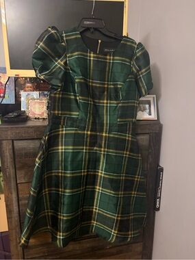 Green and Yellow Plaid Midi Dress with Puff Sleeves